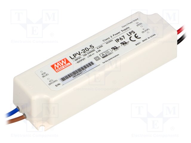 LED strømforsyning Mean Well LPV-20, 5V,12V, 15V, 24V