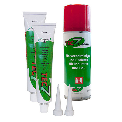 2 tube TEC7 50ml, 1 can TEC7 cleaner 200ml, Nylon abrasive fleece, grain 280, adhesive surface 50cm² These glue sets are the perfect solution to fix module mounting sets on many different surfaces such as caravans or boats. TEC7 is a completely newly developed all-purpose polymere, both for sealing and glueing applications. TEC7 is extremely hard while remaining permanently flexible. Its adhesion on almost any material is unrivalled even on humid undergrounds. TEC7 sets very quickly and can be overcoated instantly. Features: Included UV filter Odourless Non-poisonous Free of solvents Not harmful to plastic materials Tensile strength: 265 N/cm² Thermal stability: -30°C to +95°C Not suitable for: PE, PP, silicone and some industrial varnishes